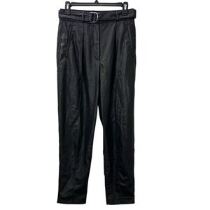 Babaton Faux Leather Black Pants Belted Waist Pleated Front Women’s Size 6 *Flaw